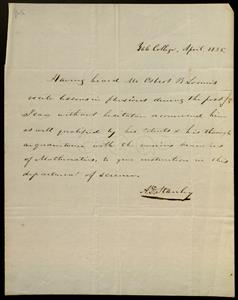Anthony D. Stanley (Yale 1830) letter recommending Osbert Burr Loomis (Yale 1835) for a position in the Department of Sciences